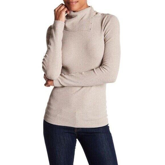 Theory Leendelly Volt Asymmetrical Sweater Wome's Ribbed Turtleneck Top Tan M - Picture 1 of 6